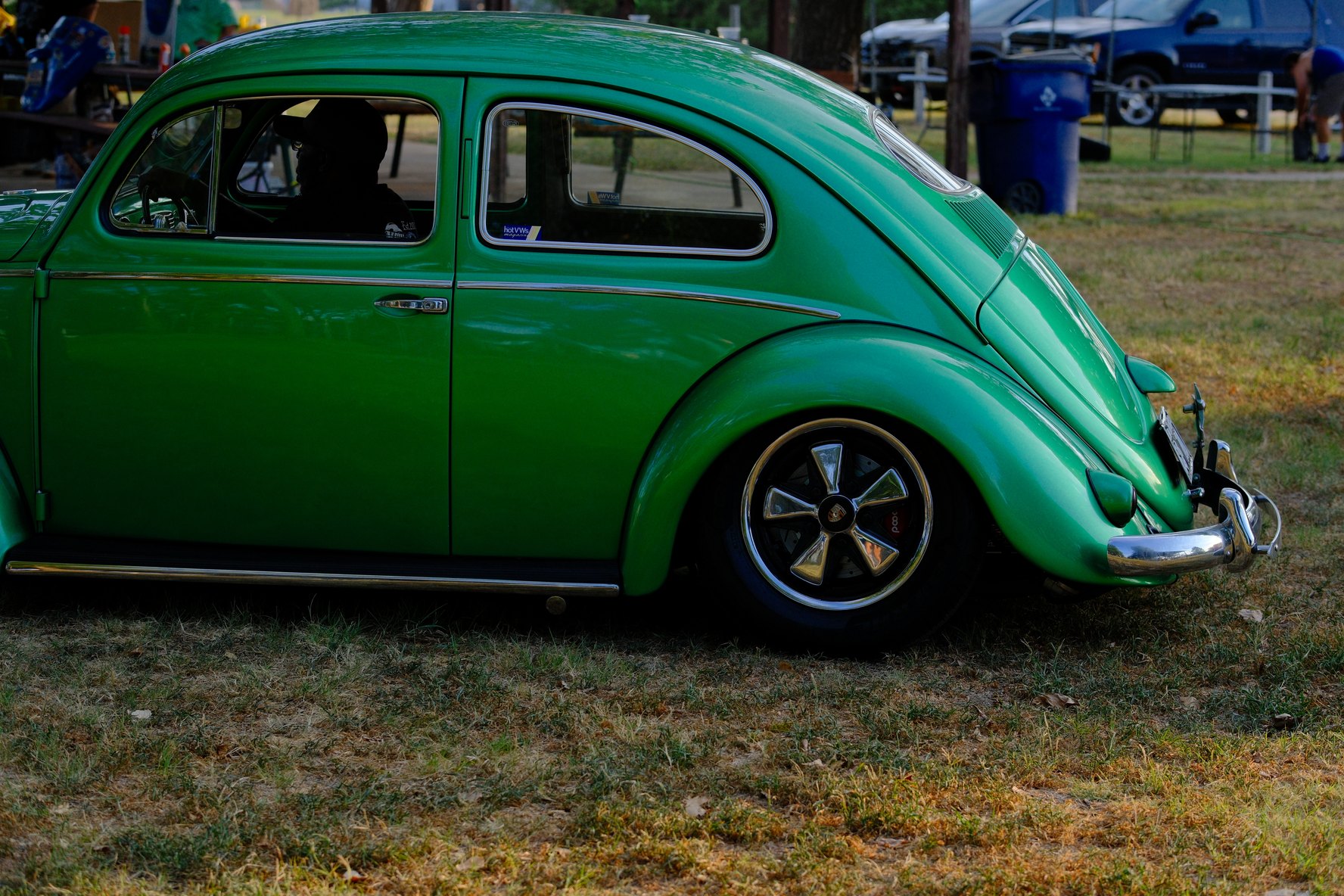 Front three-quarter view of the winning green Beetle with its front hood open