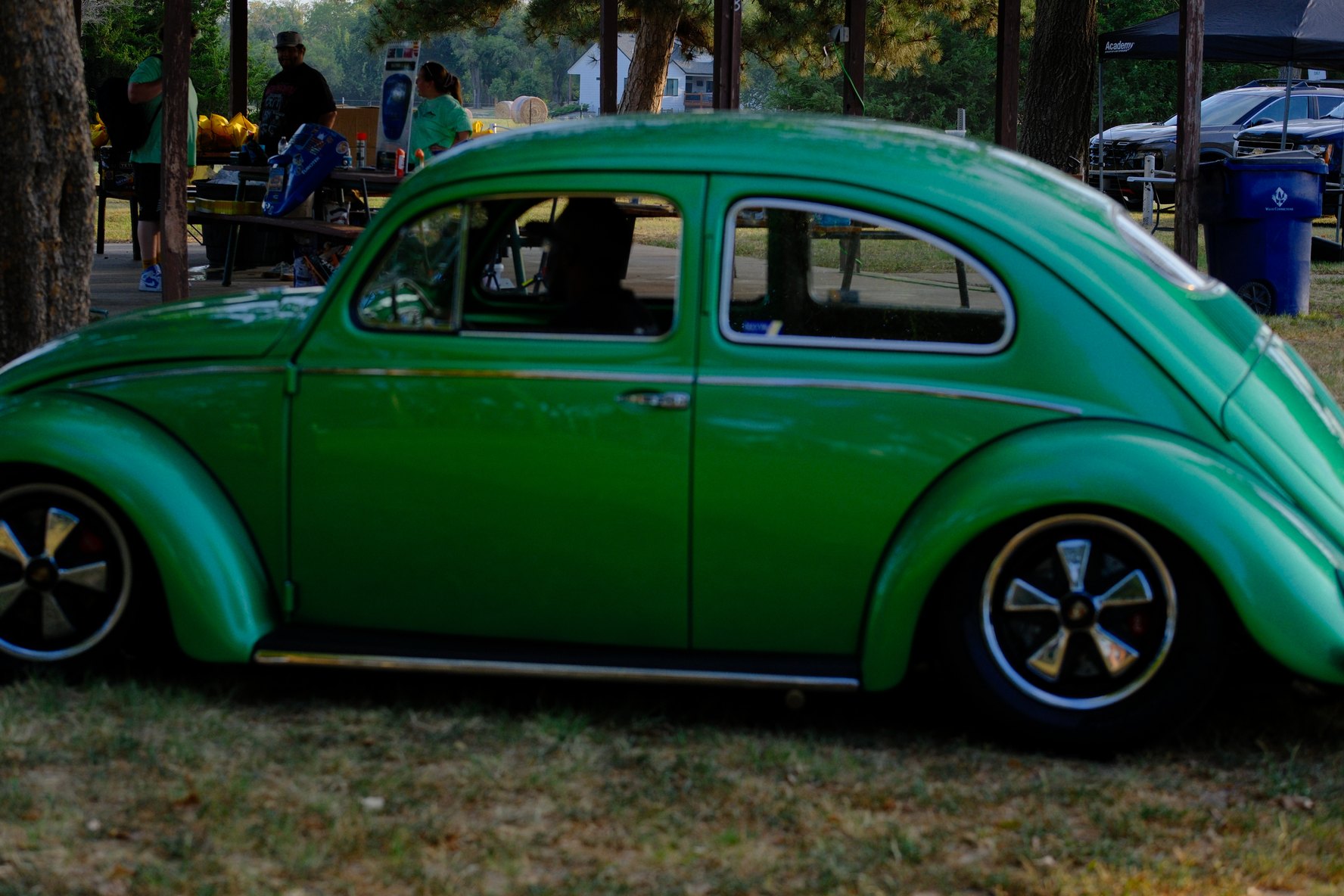 The winning green Beetle parked under the trees at Hap McLean Park