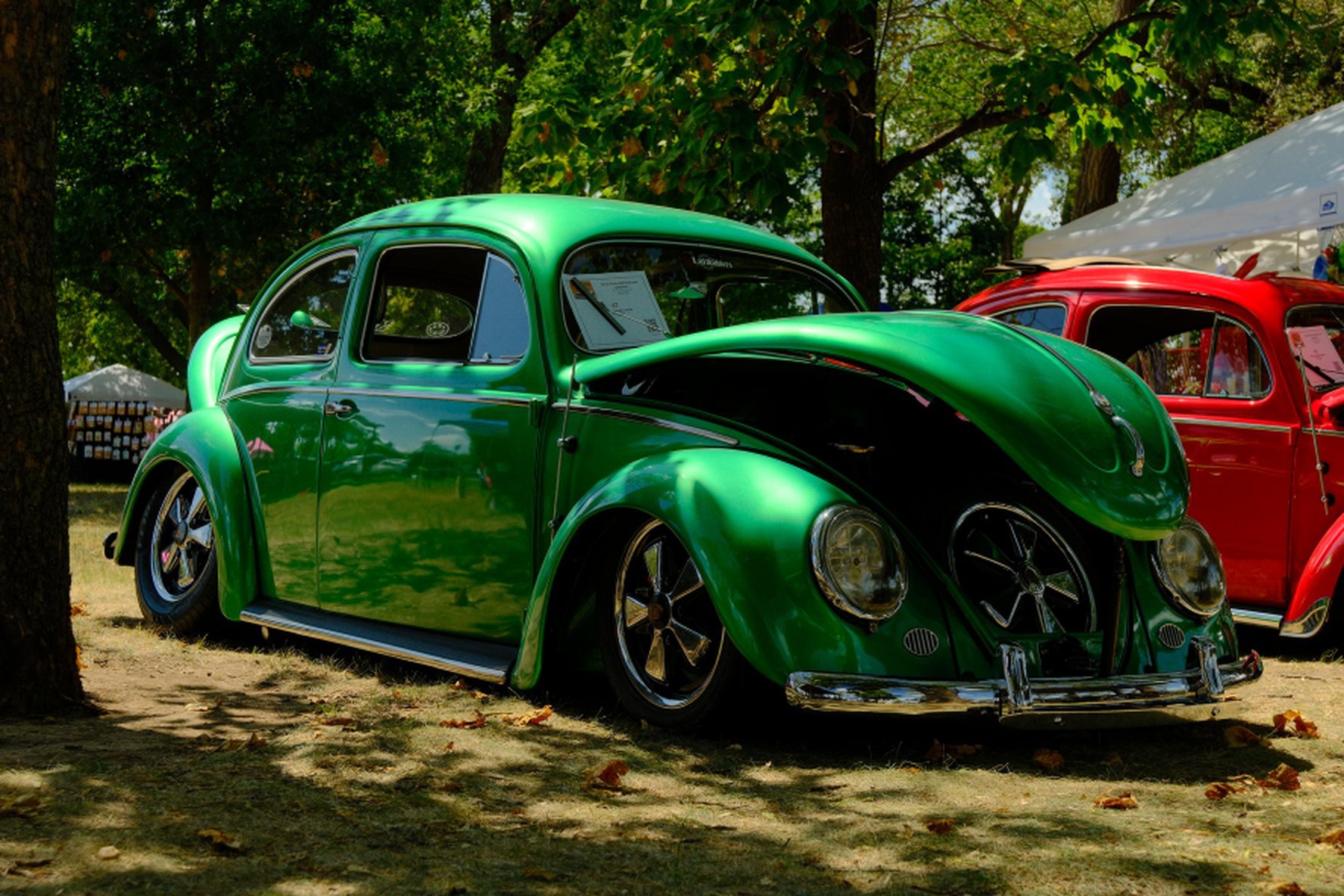 The winning green Beetle on the show field beside a red Beetle