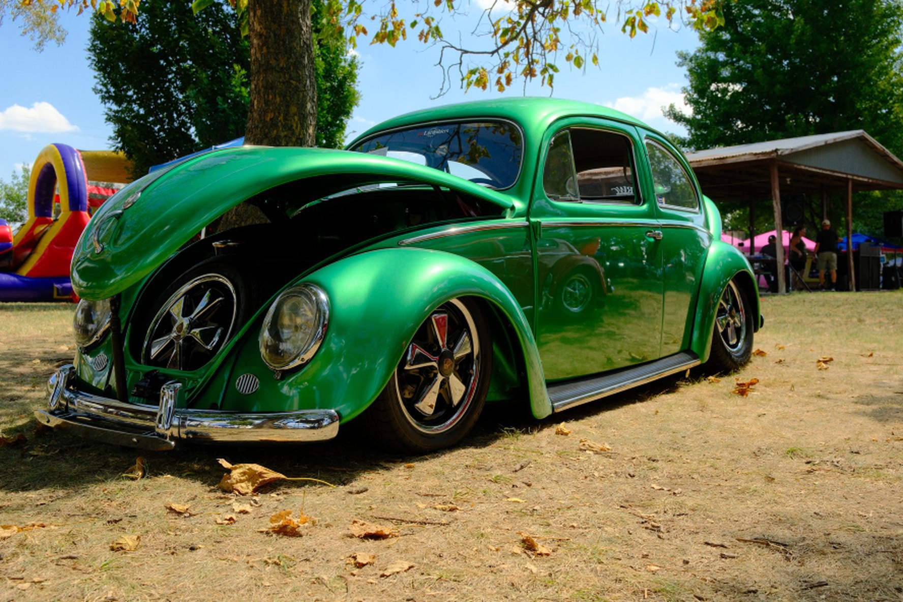 The winning green Beetle showing its polished wheels and lowered stance